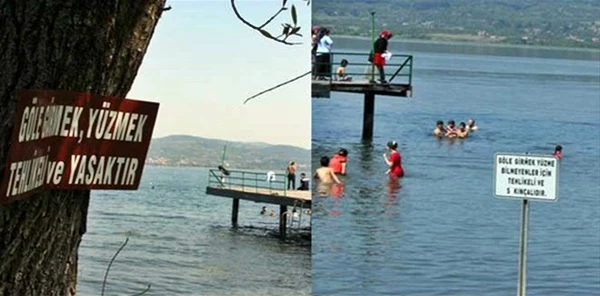 Sapanca Gölünde İki Farklı Uyarı Tabelası