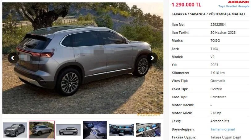 2. El Satılık Togg'lardan Biri de Sapanca'dan
