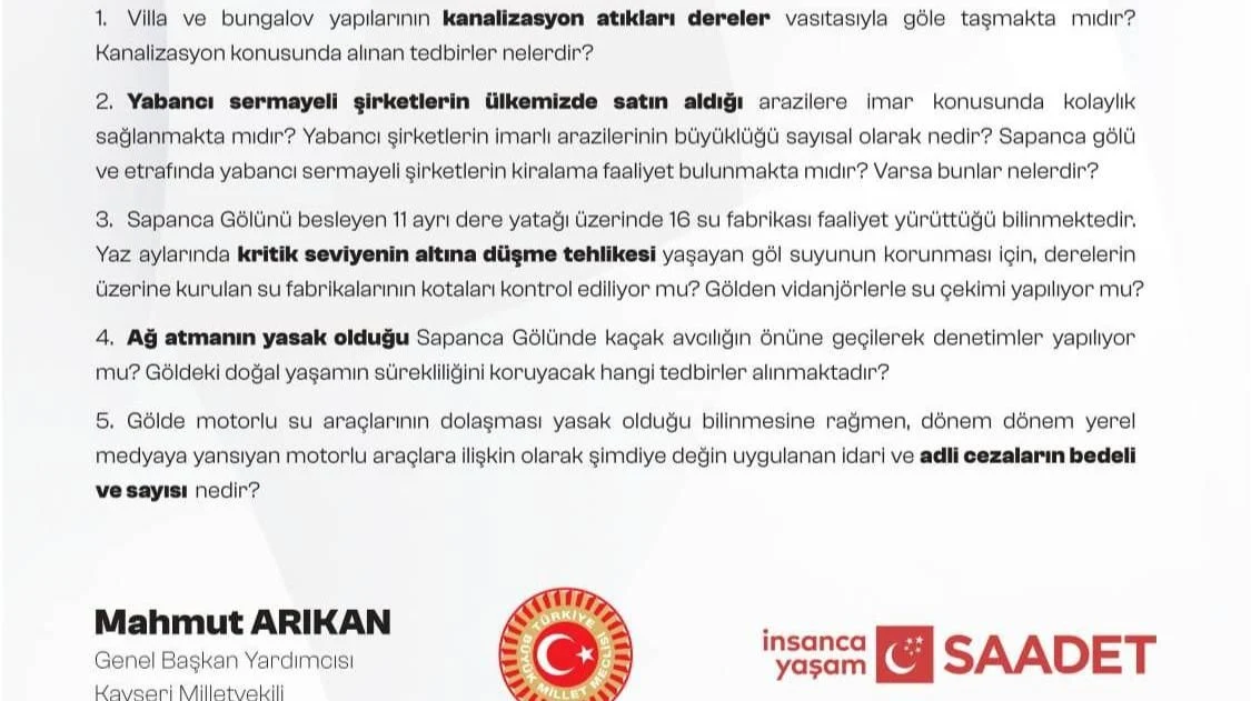 Mecliste Sapanca Hakkında Soru Önergesi